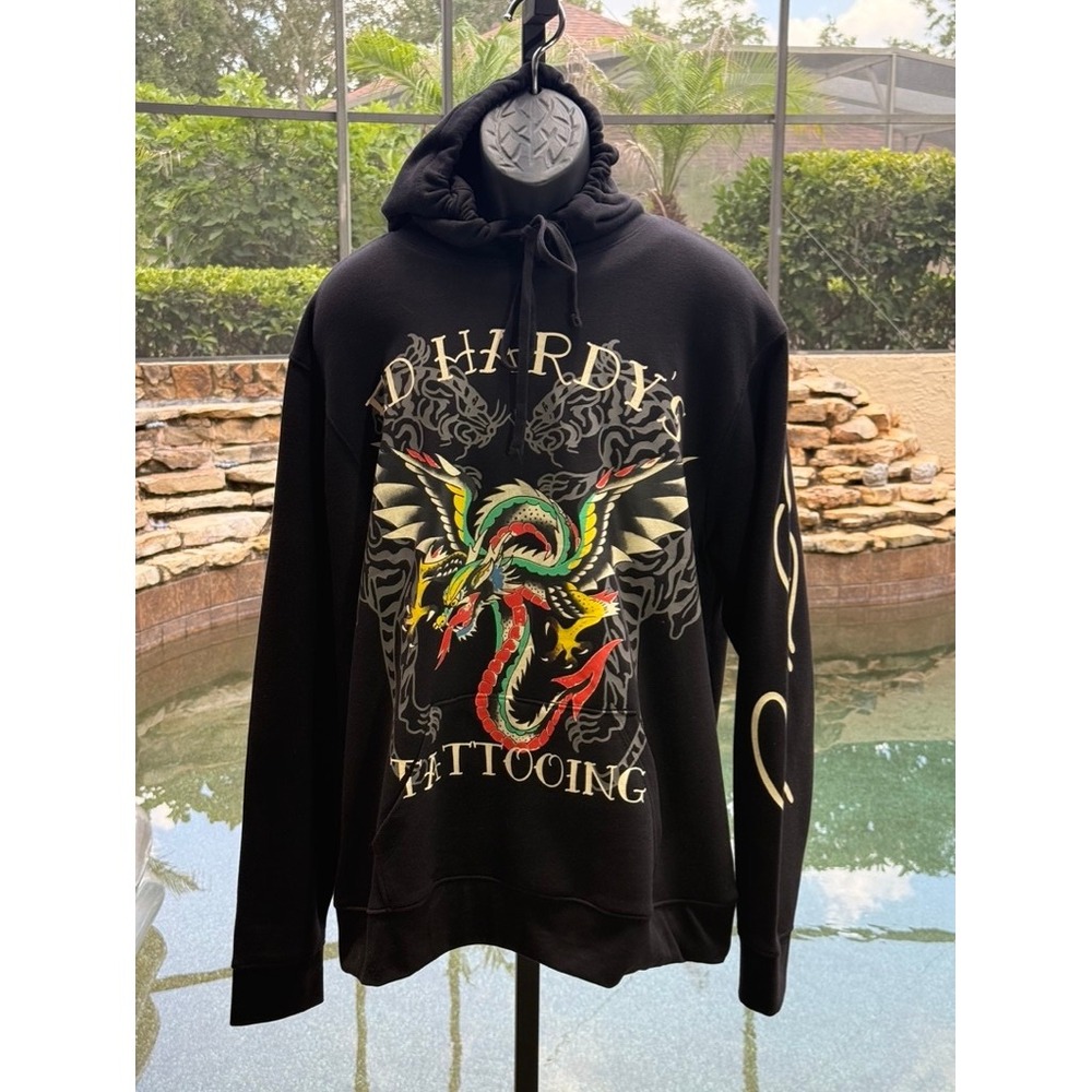 Ed Hardy Mens Dragon Tattoo Graphic Hoodie Black XL EHMR1300-25 New
